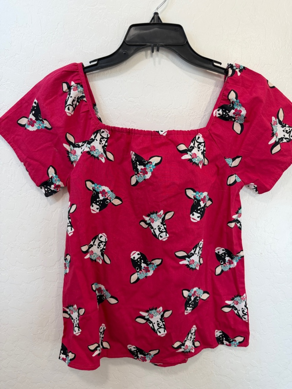 Wrangler kid large Hot Pink Cow Head Print Blouse Square neckline puff sleeves